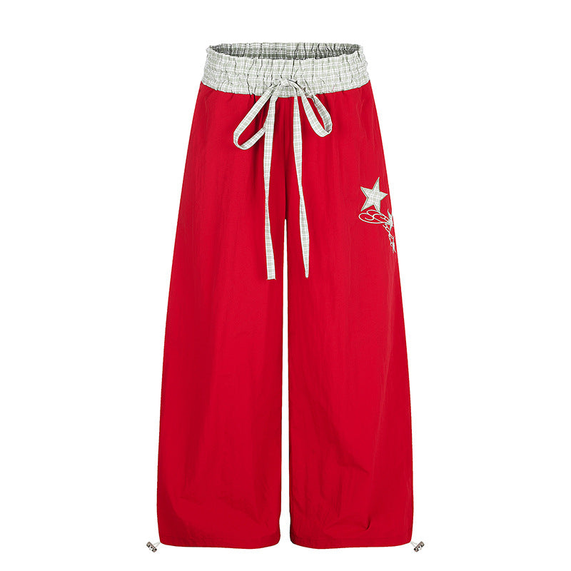 Women's Palazzo Lounge Pants with High Drawstring Waist, Checkered Comfort Waistband and Star Applique Chichicherry