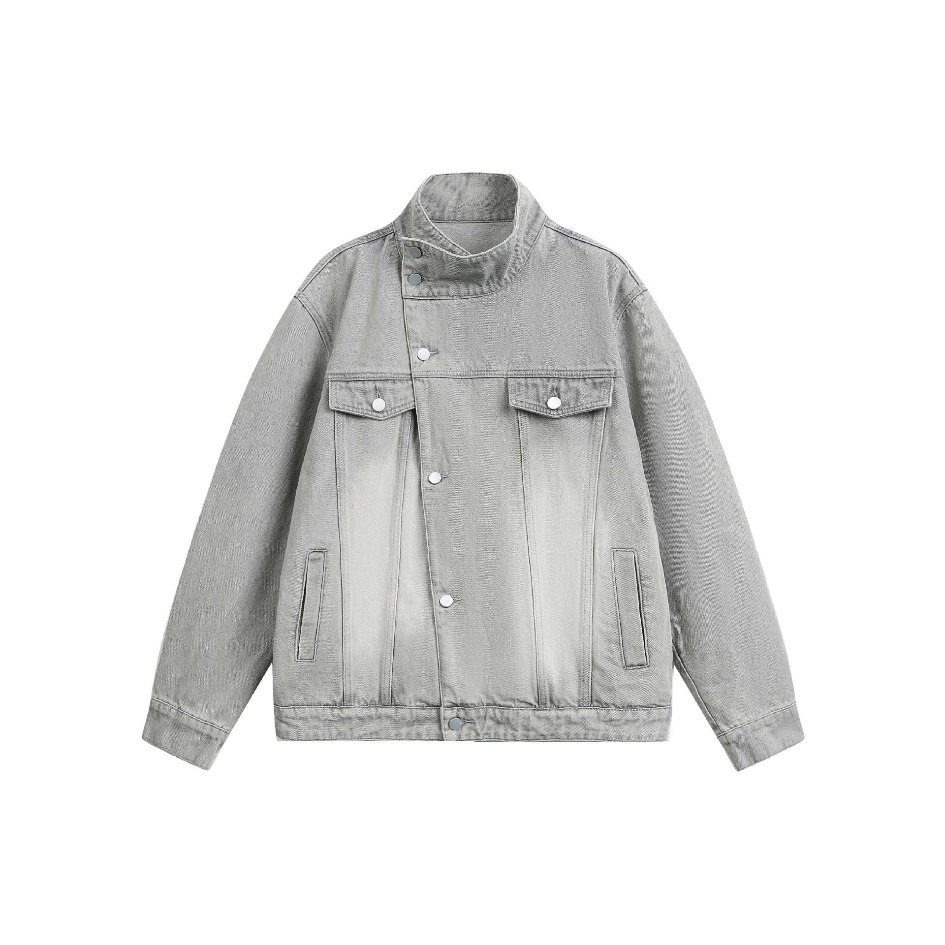 Unisex Boxy Denim Jacket with asymmetrical snap button placket and high stand-up collar Chichicherry