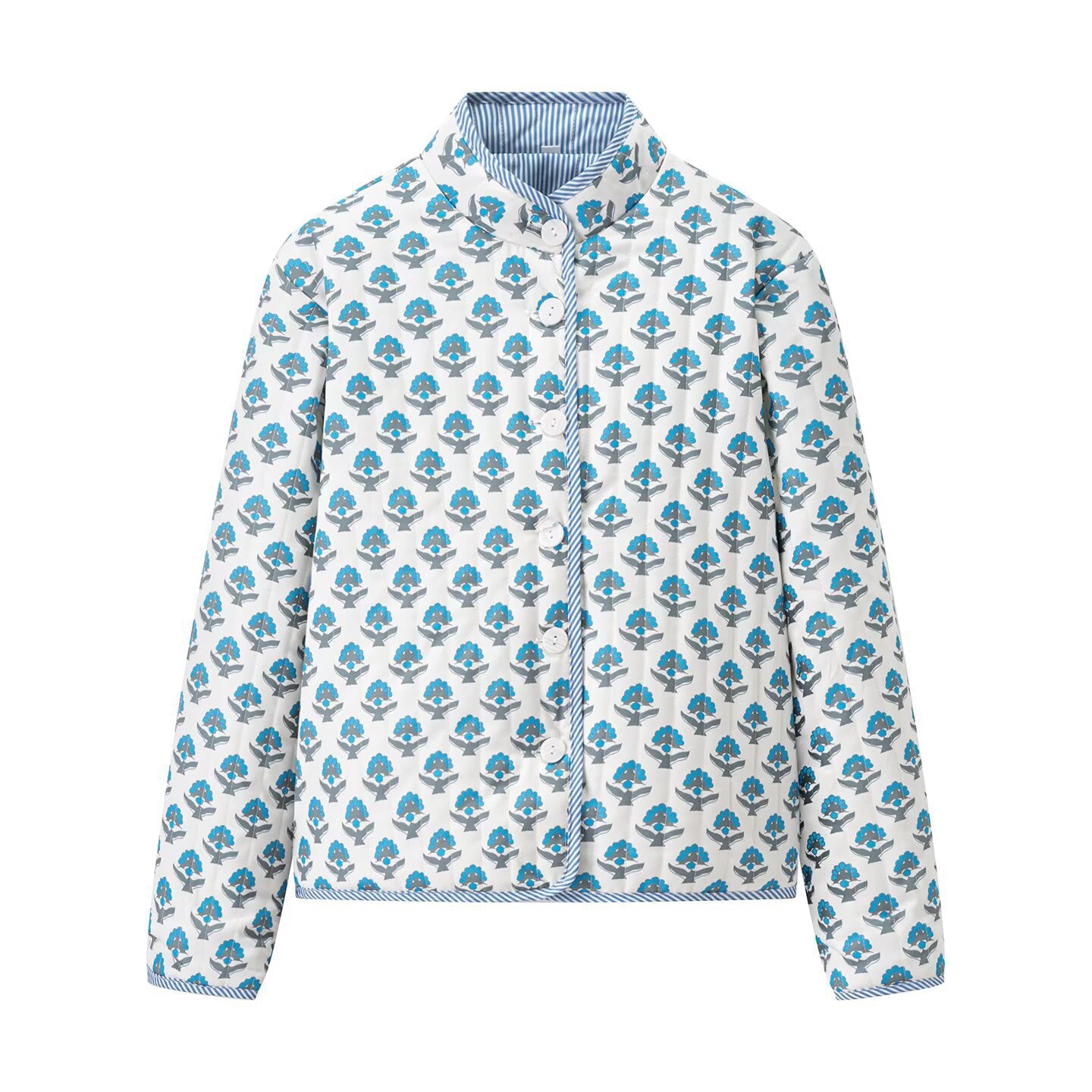 Women's Lightweight Printed Cotton Jacket with Stand Collar and Striped Cuffs Chichicherry