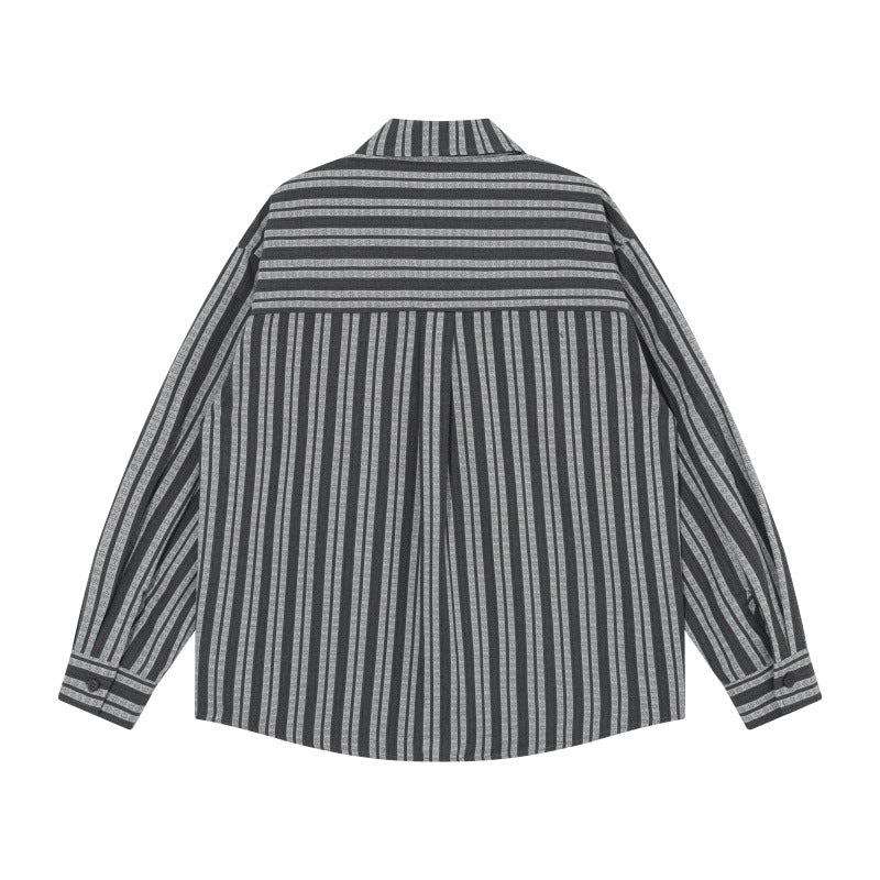 Men's oversized shirt jacket with vertical stripes, patch chest pockets, and rounded hem Chichicherry