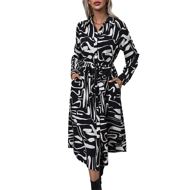 Women’s shirt blouse midi dress with abstract print, decorative button placket and tie belt Chichicherry