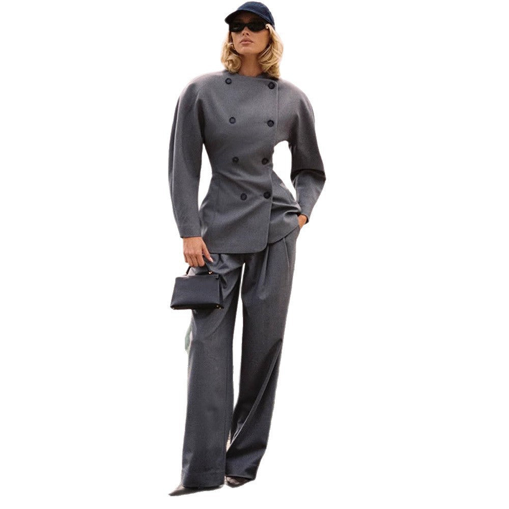 Women's Tailored Double-Breasted Blazer with Asymmetric Closure and Pleated Pants Chichicherry