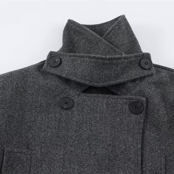 Men's short double-breasted wool coat with stand collar and waist belt Chichicherry