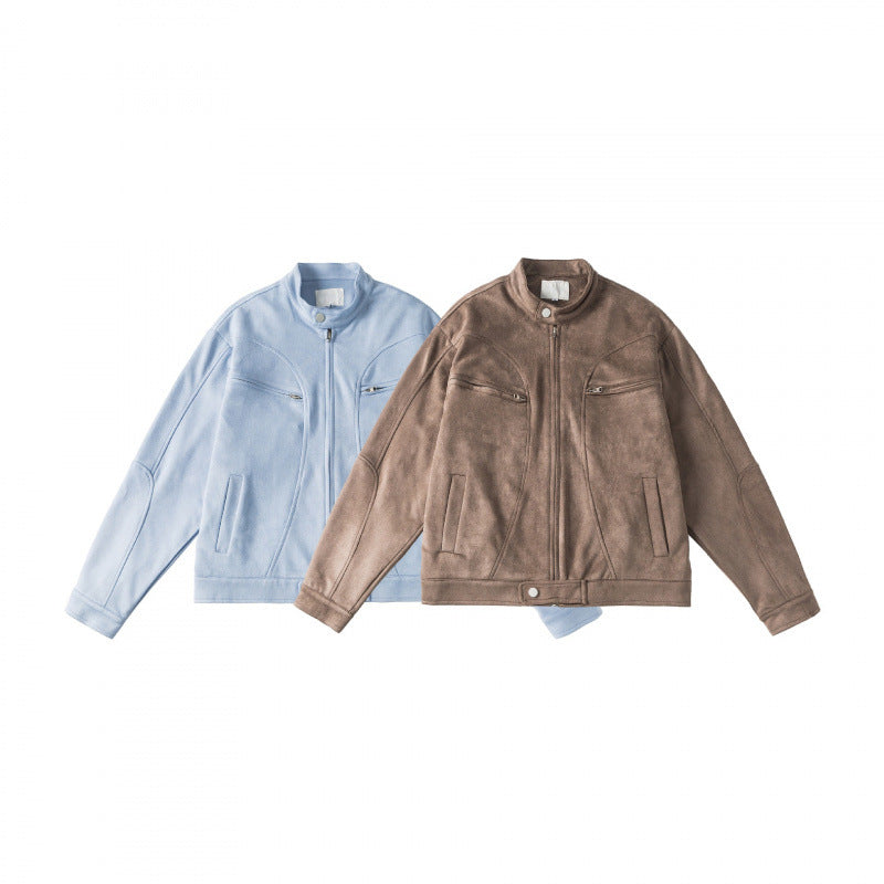 Unisex Short-cut boxy velour blouson jacket with stand-up collar and chest zippers Chichicherry
