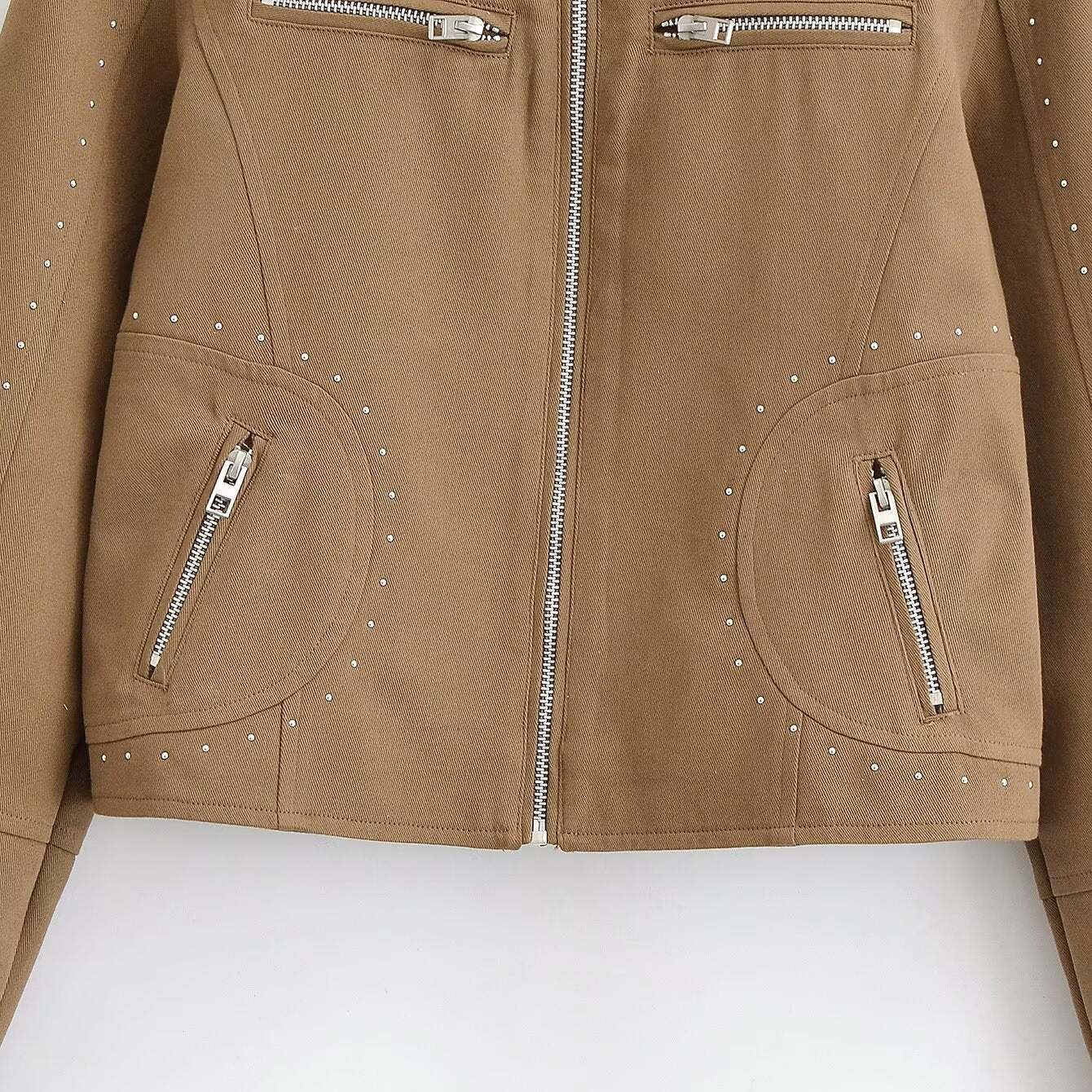 Women Short Velvet Look Jacket with Stand-Up Collar, Decorative Seams, Stud Application and Zip Pockets Chichicherry