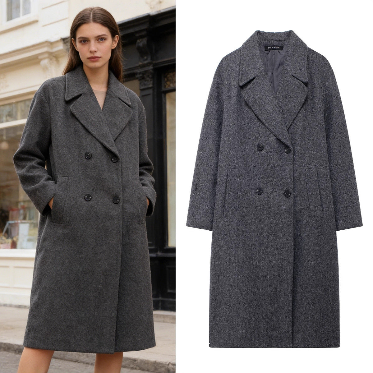 Women's Double-Breasted Wool Blend Coat with Oversized Cut and Lapel Collar Chichicherry