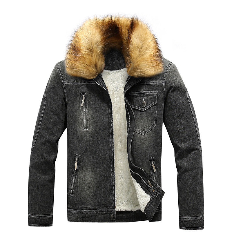 Men's denim jacket with teddy lining, padded interior, and removable faux fur collar Chichicherry