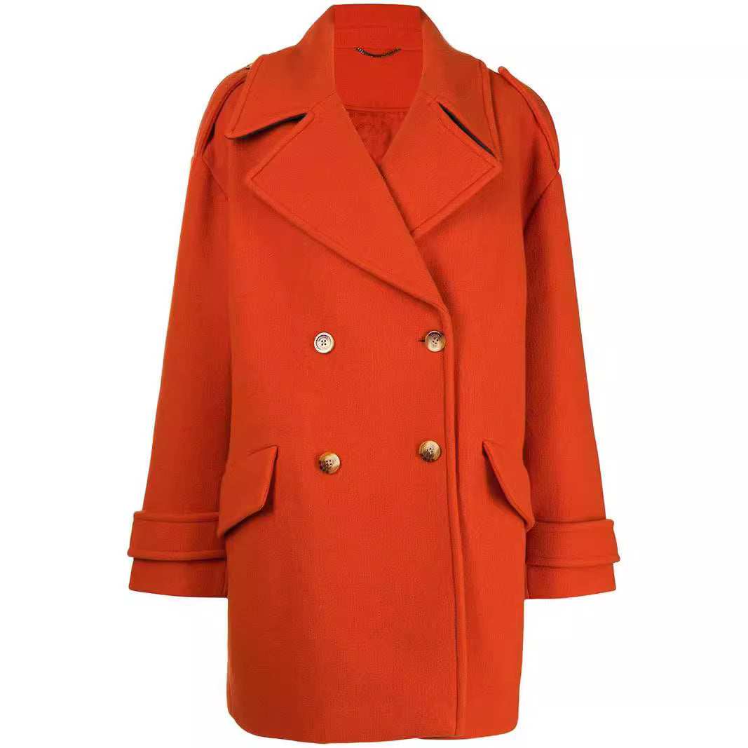 Women's Oversized Double-Breasted Short Coat made of Wool Blend with Extra Wide Sleeves and Golden Decorative Buttons Chichicherry