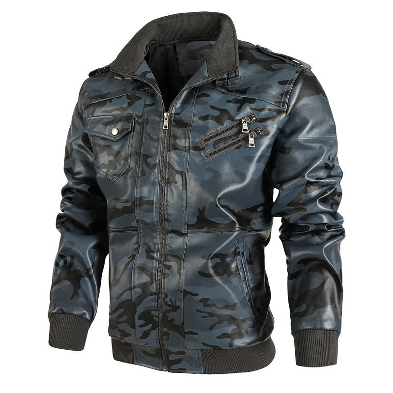 Men's Camouflage Faux Leather Pilot Style Bomber Jacket with Ribbed Cuffs and Zipper Pockets Chichicherry