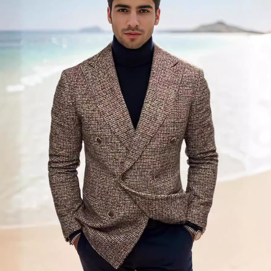 Men's Double-Breasted Textured Blazer with Tailored Fit Chichicherry