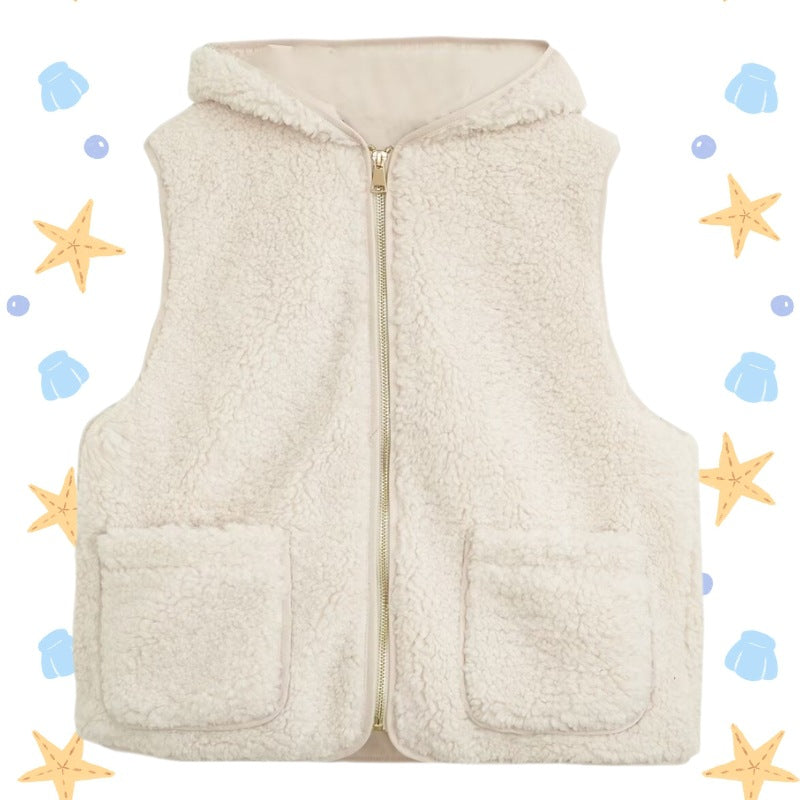 Women Padded Sherpa Vest with Hood, Zipper and Patch Pockets Chichicherry