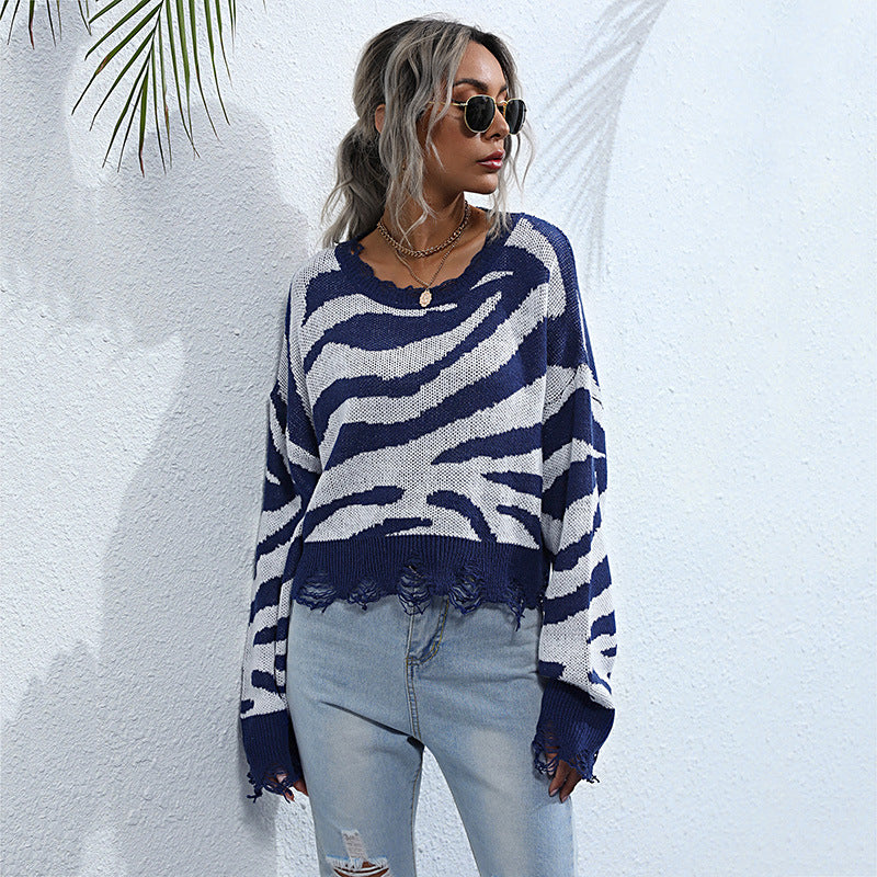 Women’s oversized knit sweater with zebra stripe jacquard, frayed hem, and raglan sleeves Chichicherry