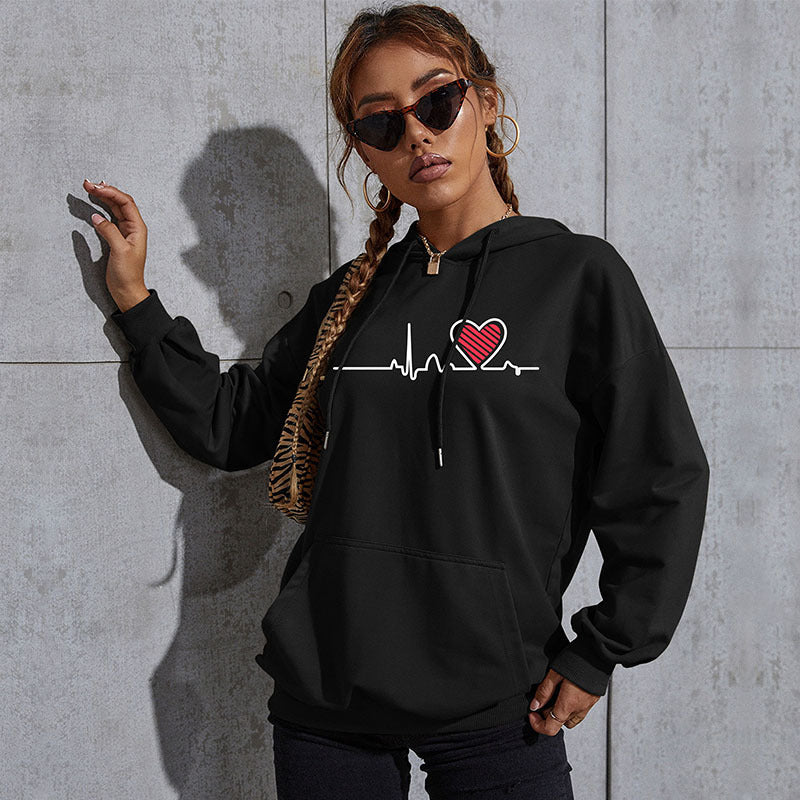 Women's Oversized Hoodie with Heart EKG Print and Kangaroo Pocket Chichicherry