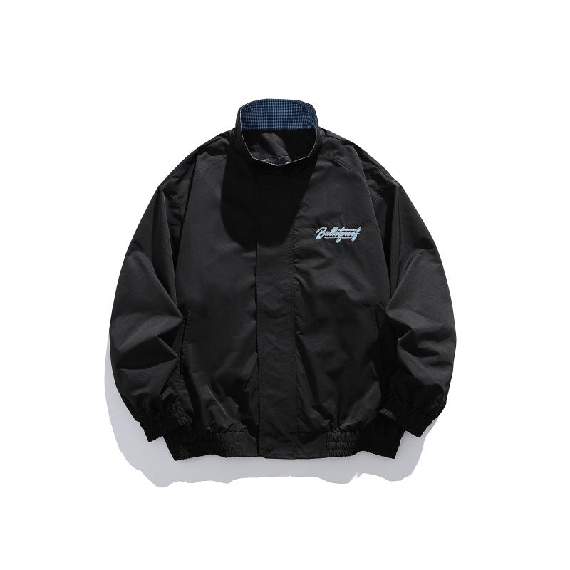 Unisex Lightweight Boxy Blouson Jacket with Stand-up Collar, Elastic Cuffs and Embroidered Chest Detail Chichicherry