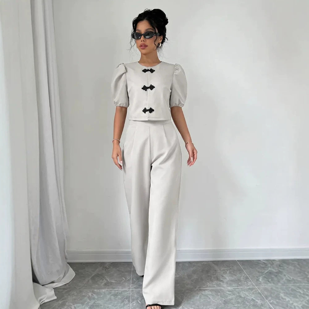 Women Two-Piece Tailoring Set with Short Jacket, Puff Sleeves and High-Cut Wide Pants Chichicherry