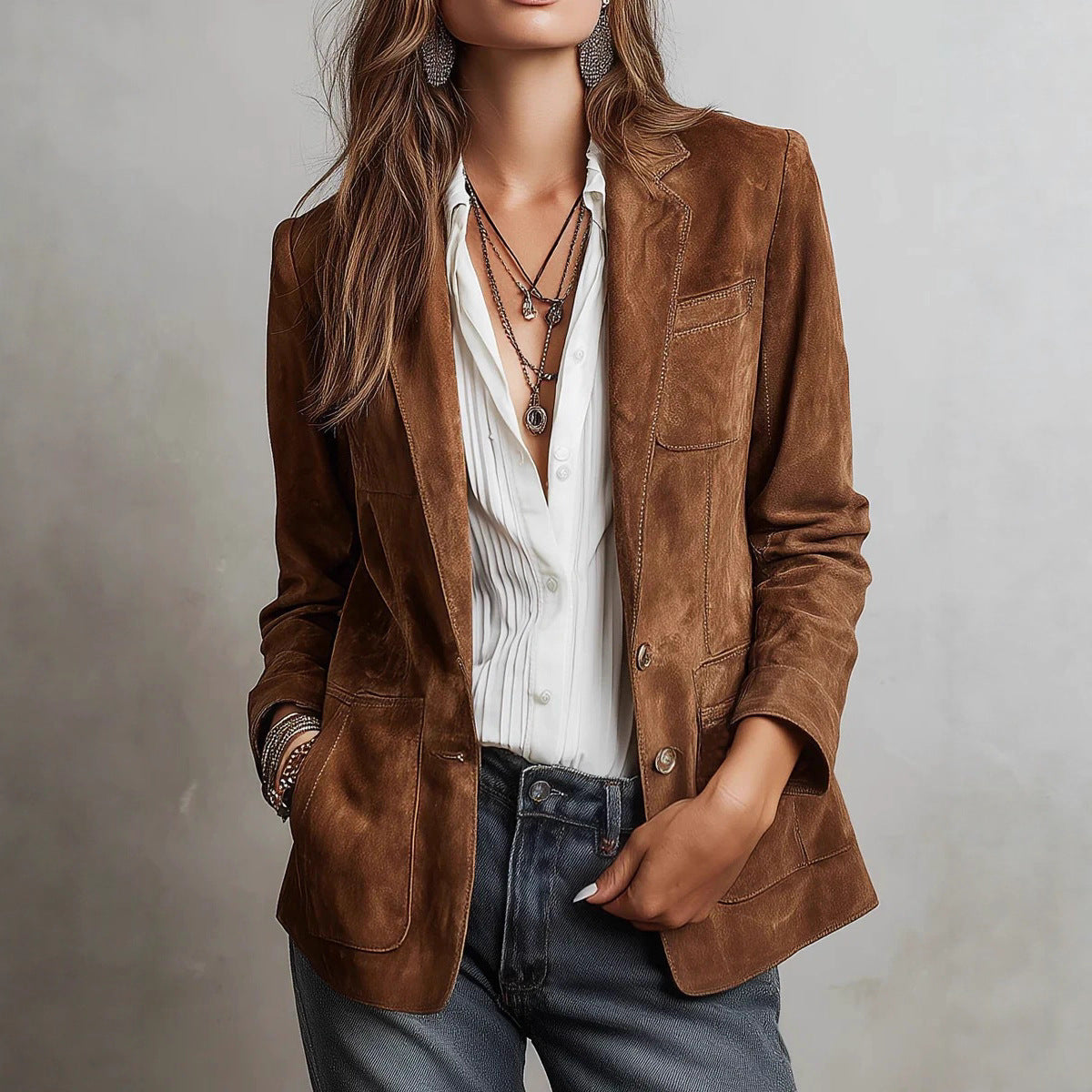 Women's suede blazer in tailored style with patch pockets Chichicherry