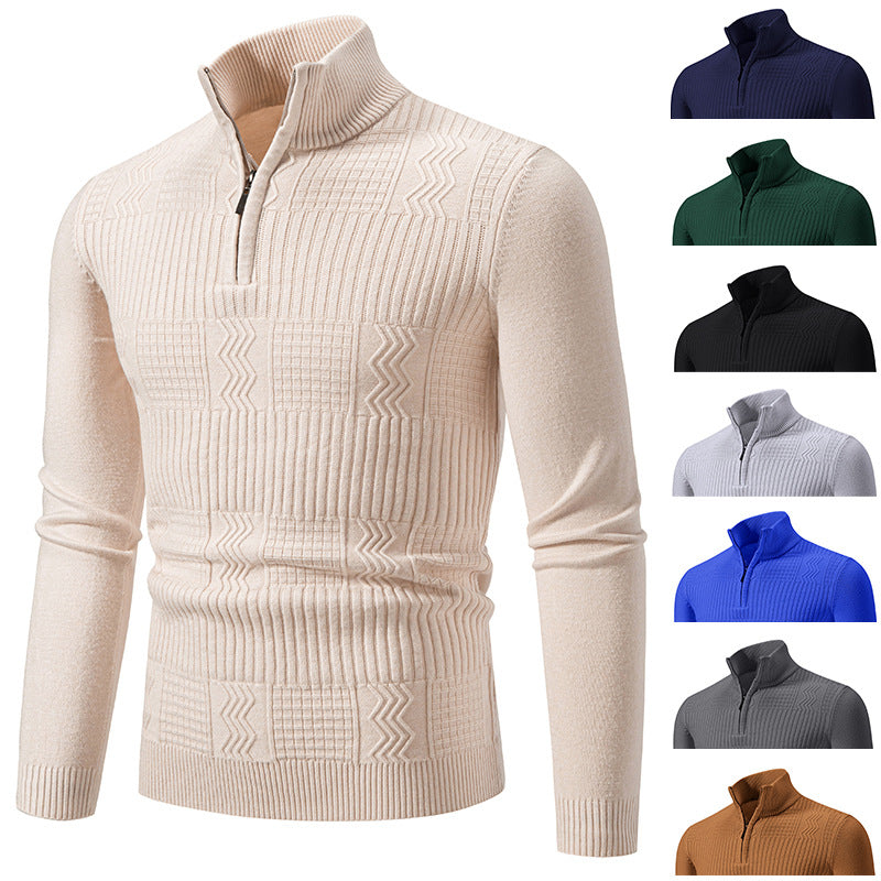 Men's Structured Half-Zip Mock Neck Pullover with Cable Knit Pattern Chichicherry