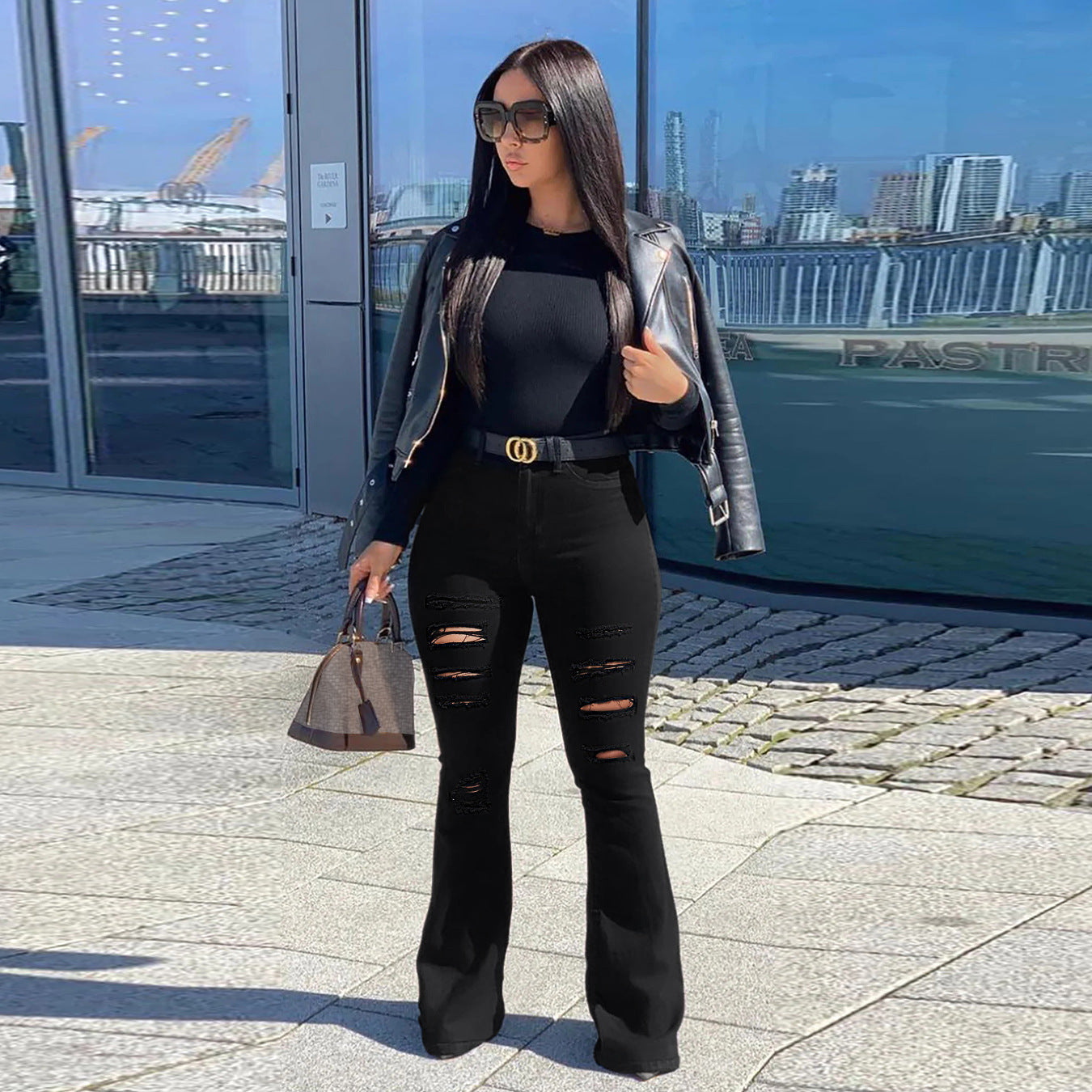 Women's High-Waist Flared Pants in Stretch Denim with Multiple Destroyed Effect Chichicherry