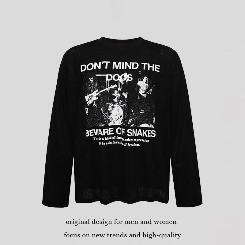 Men's Long Sleeve Thermal Shirt with Waffle Structure and Punk Band Print Chichicherry