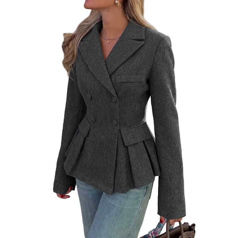 Women's Tailored Double-Breasted Blazer with Peplum, Pleats & Patch Pockets Chichicherry
