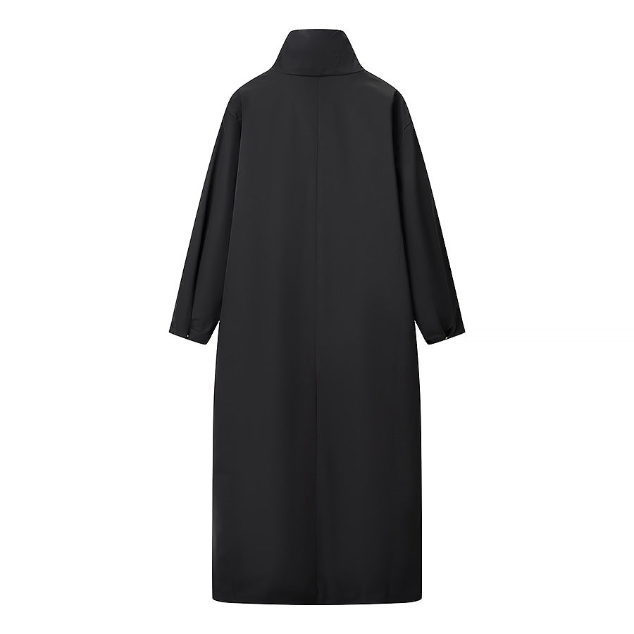 Women's Longer Minimalist Coat with High Stand-Up Collar and Concealed Front Chichicherry