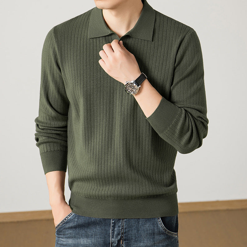 Men's polo collar fine knit sweater with ribbed texture and slim silhouette Chichicherry