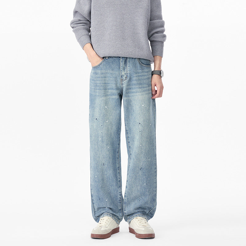 Men's Relaxed-Fit Denim Pants with Paint-Splatter and Straight Leg Chichicherry