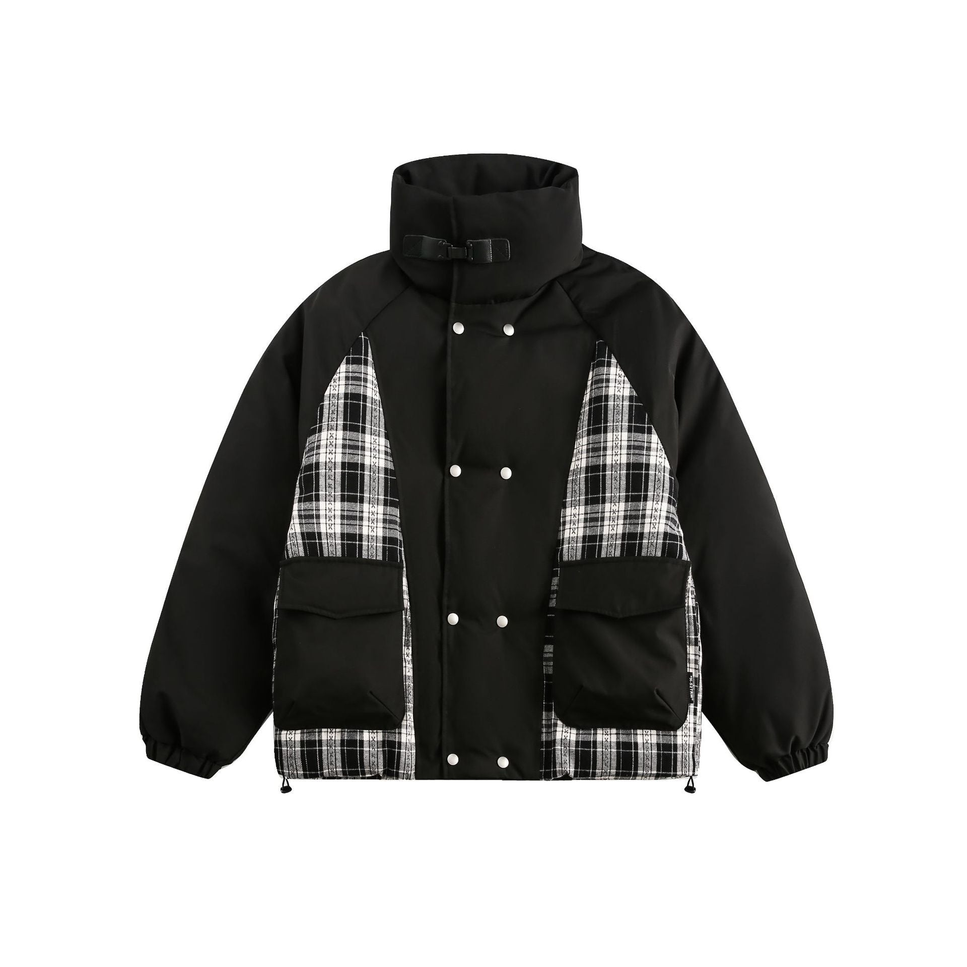 Unisex Oversize Stand Collar Puffer Jacket with Checked Insert Panel and Utility Pockets Chichicherry