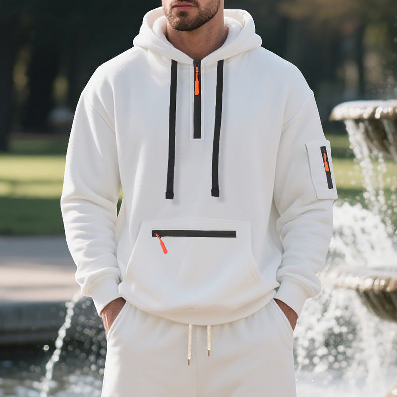Men's Oversize Hoodie with Half Zipper, Kangaroo Pocket with Zipper and Sleeve Pocket Chichicherry