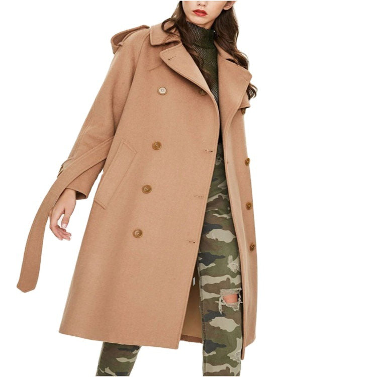 Women's Mid-Length Double-Breasted Wool Blend Trench Coat with Epaulettes and Belt Chichicherry