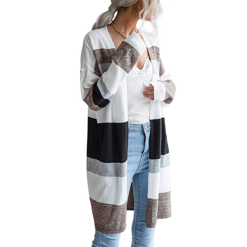 Women's Oversize Longer Knitted Cardigan with Block Stripes and Open Front Chichicherry