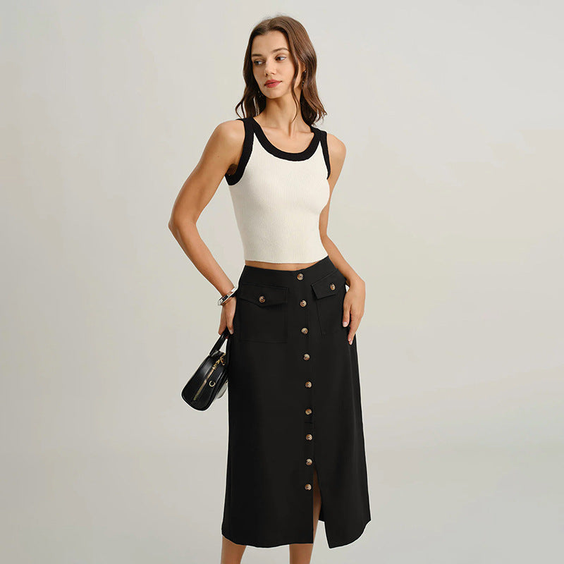 Women's High-Waisted Midi Skirt with Continuous Button Placket, Patch Pockets and Front Slit Chichicherry