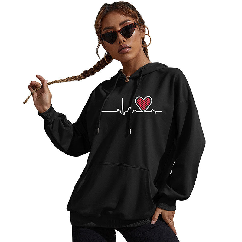 Women's Oversized Hoodie with Heart EKG Print and Kangaroo Pocket Chichicherry
