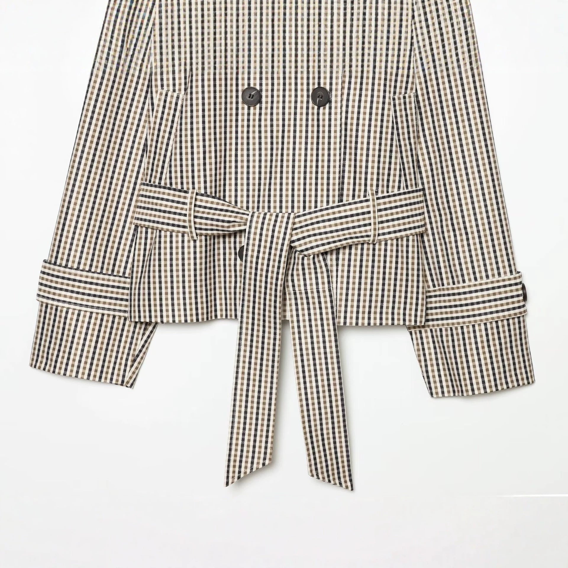 Women Short Tailored Double-Breasted Trench Coat with Check Pattern and Belt Chichicherry