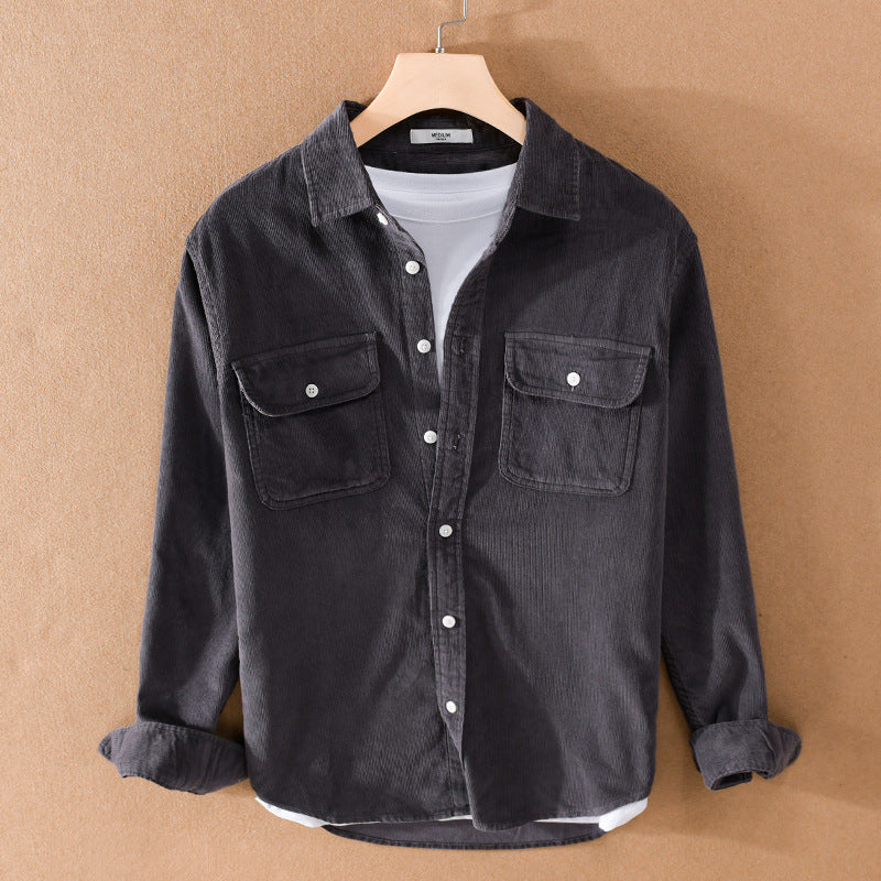Men's corduroy shirt jacket in worker style with patch double pockets and soft used finish Chichicherry