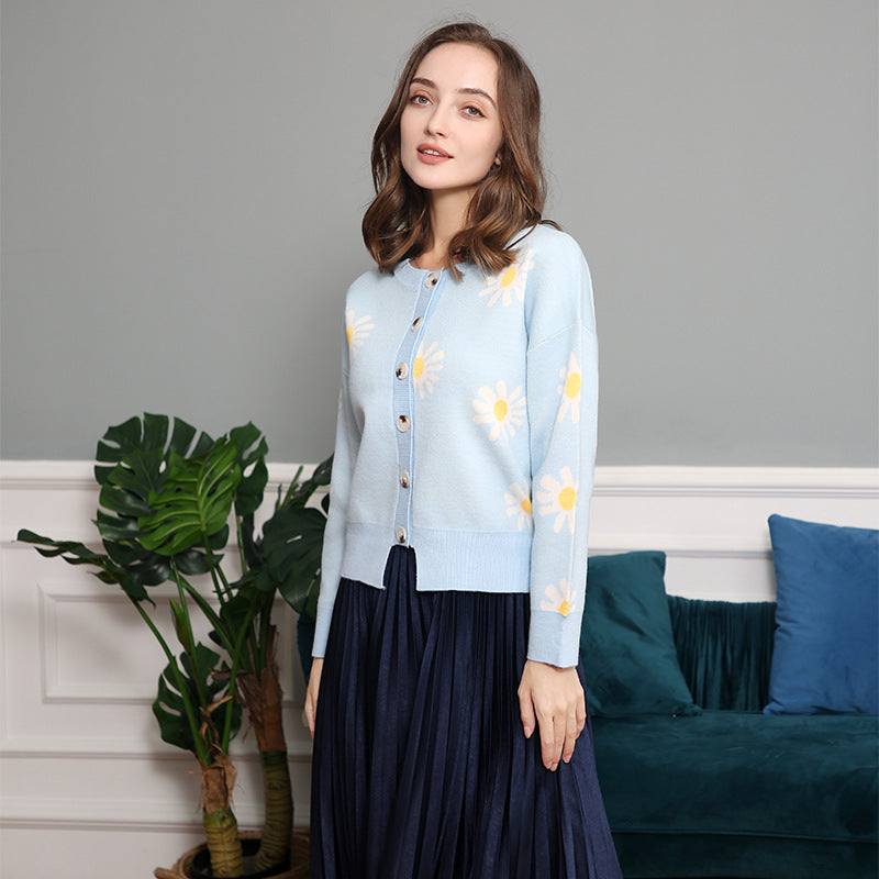 Women's Oversize Knit Cardigan with Flower Appliqué, Mother-of-Pearl Buttons and Wave Hem Chichicherry