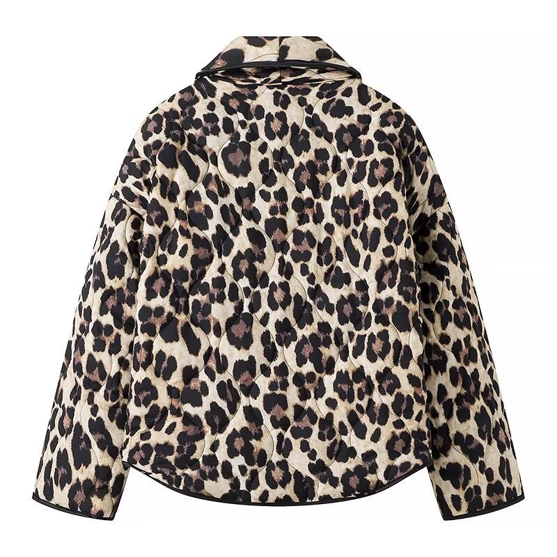 Women's Padded Short Jacket in Leopard Print with Shawl Collar and Patch Pockets Chichicherry