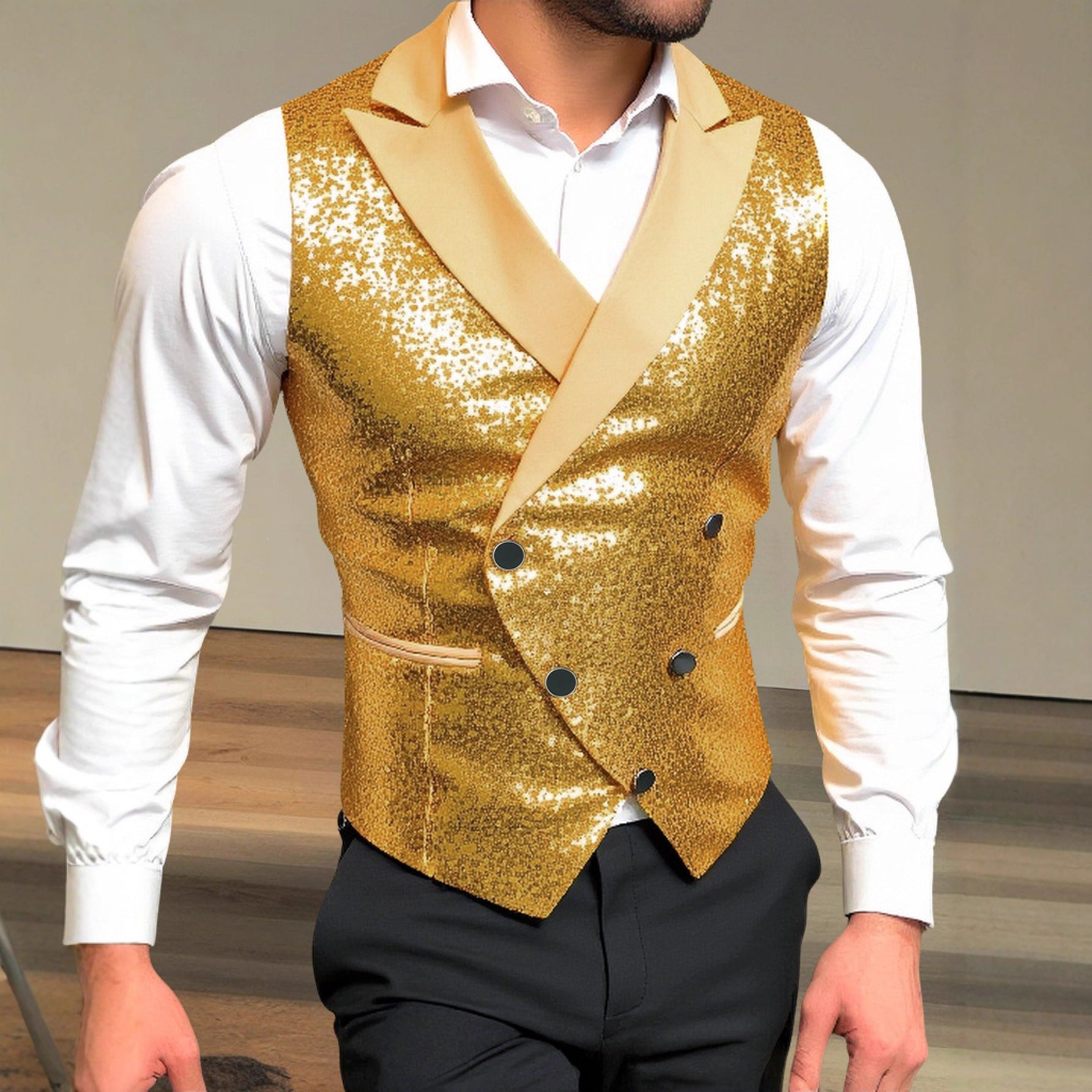 Men's sequin vest with shawl collar and double-breasted Chichicherry