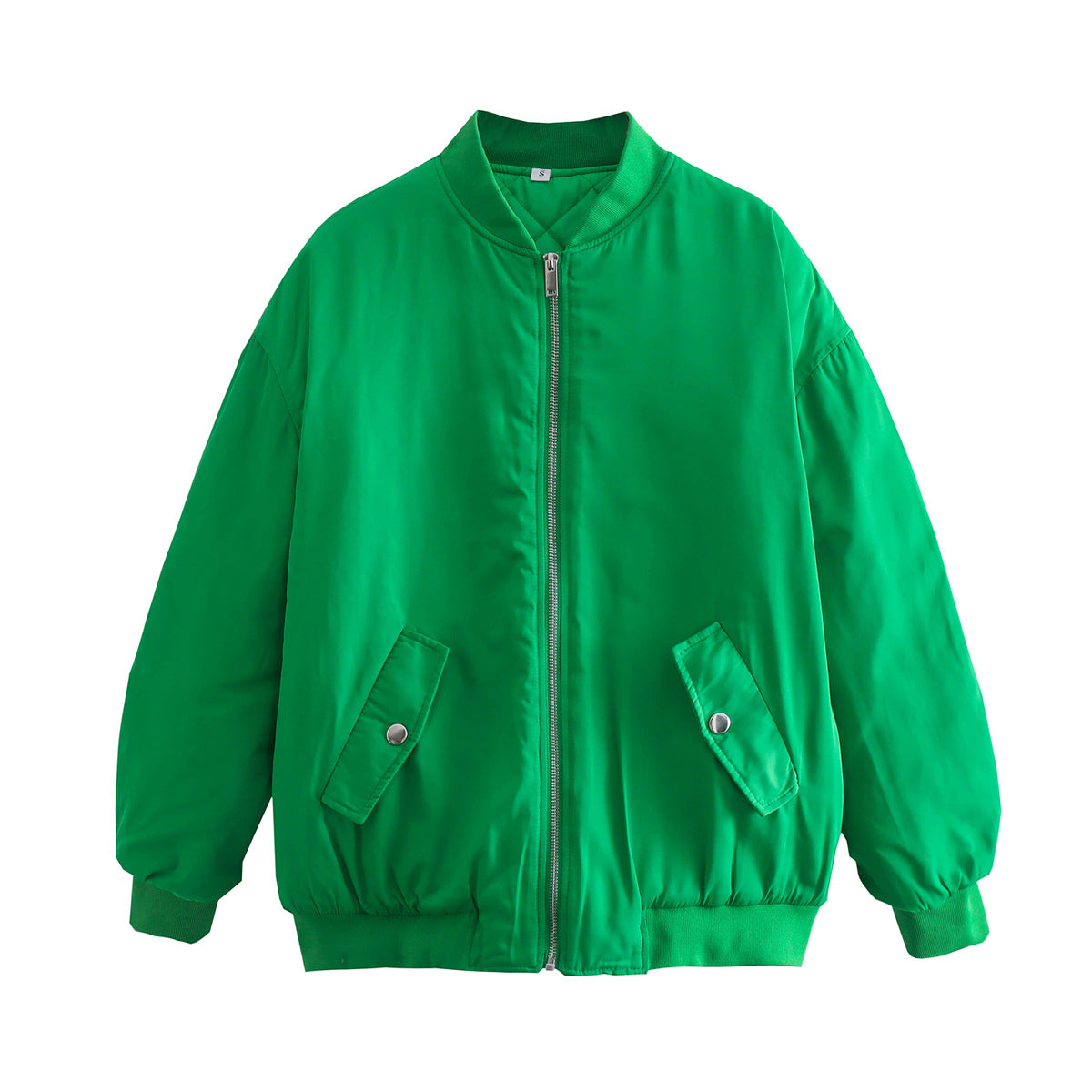 Women Boxy Bomber Jacket in Oversized Look with Zipper and Slanted Flap Pockets Chichicherry