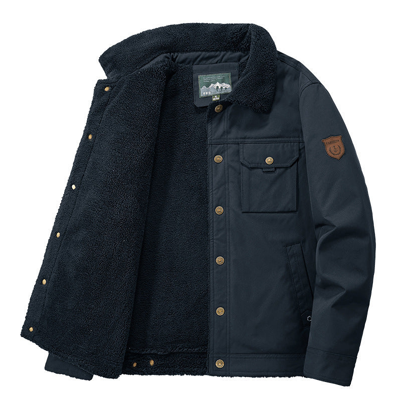 Men's Lined Canvas Trucker Jacket with Teddy Fleece Lining and Shirt Collar Chichicherry