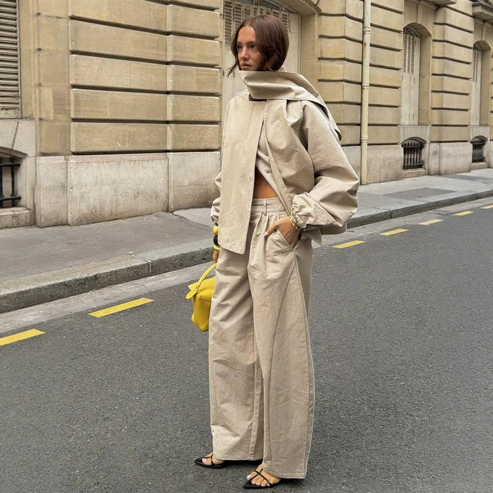 Women's Two-Piece Oversized Pant Suit Set with Asymmetrical Stand Collar Chichicherry