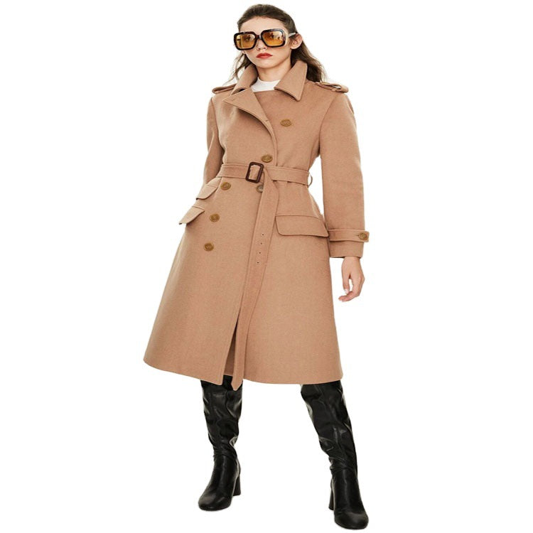 Women's fitted A-line trench coat made of wool-cashmere blend with waist belt and flap Chichicherry