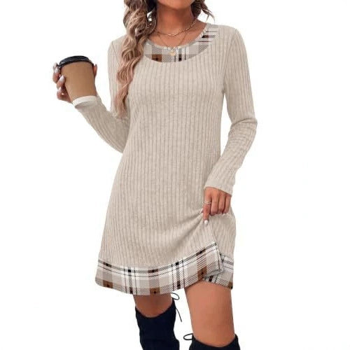 Women's Ribbed Long Shirt Dress with Checked Hem and Neckline Trim Chichicherry