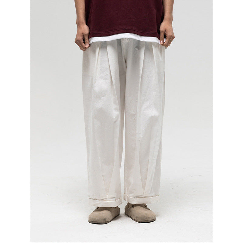 Women Wide High-Waist Pleated Pants with Elastic Drawstring and Cuffed Hem Chichicherry