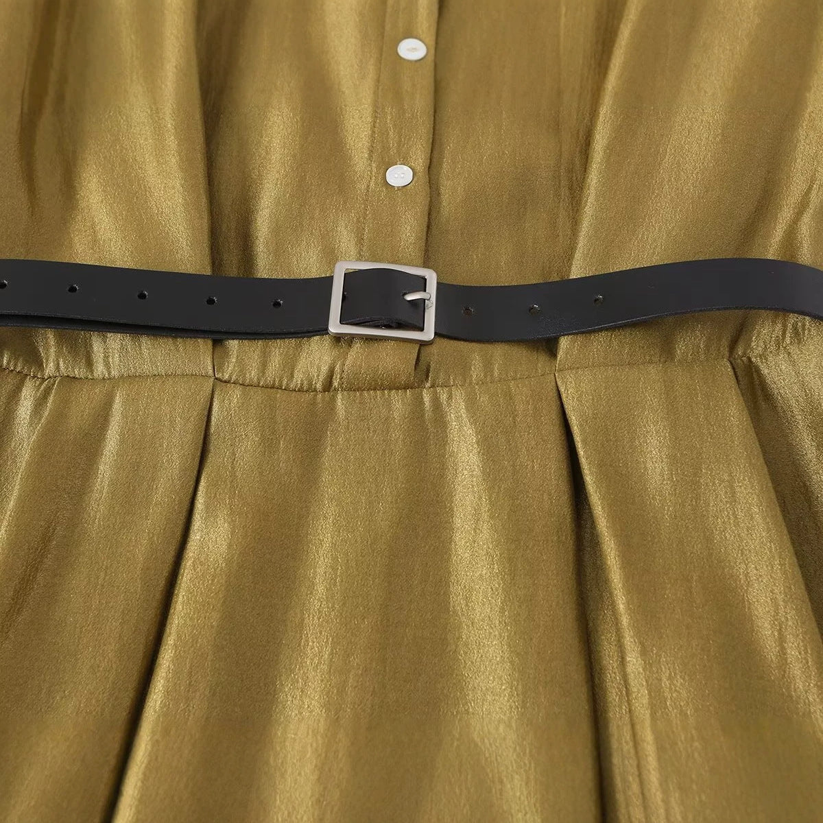 Women Sleeveless Shirt Dress with Waist Pleats and Belt Chichicherry