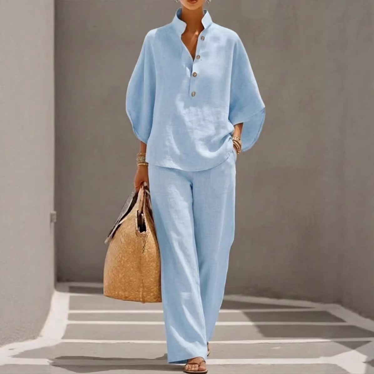 Women Lightweight Linen Loungewear Set with Stand-up Collar Button Placket and Wide Marlene Cut Chichicherry