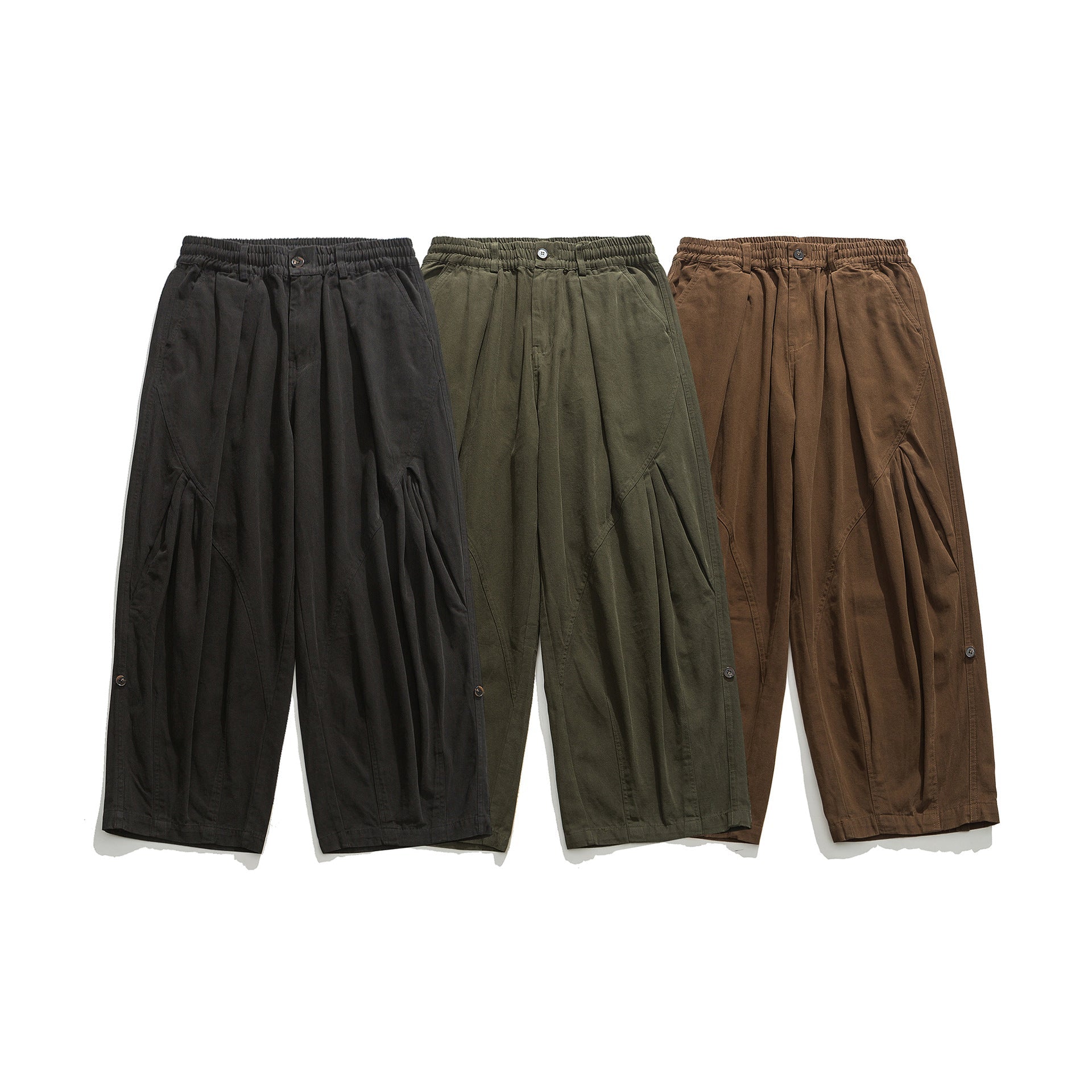 Women's wide utility cargo pants with elastic waistband and decorative pleats