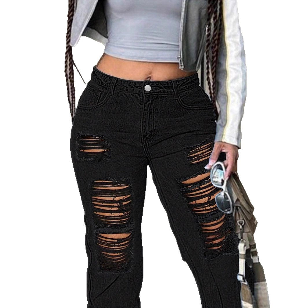Women wide Destroyed-Denim-Jeans with high waist and strong Ripped-look Chichicherry