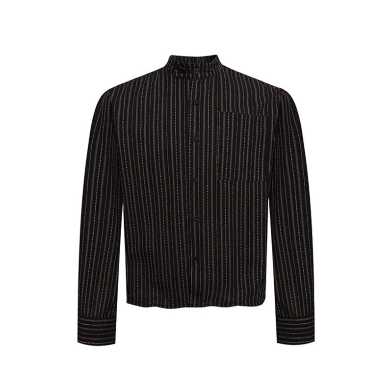 Men's Lightweight Long Sleeve Shirt with Stand-Up Collar, Fine Striped Pattern and Breast Pocket Chichicherry