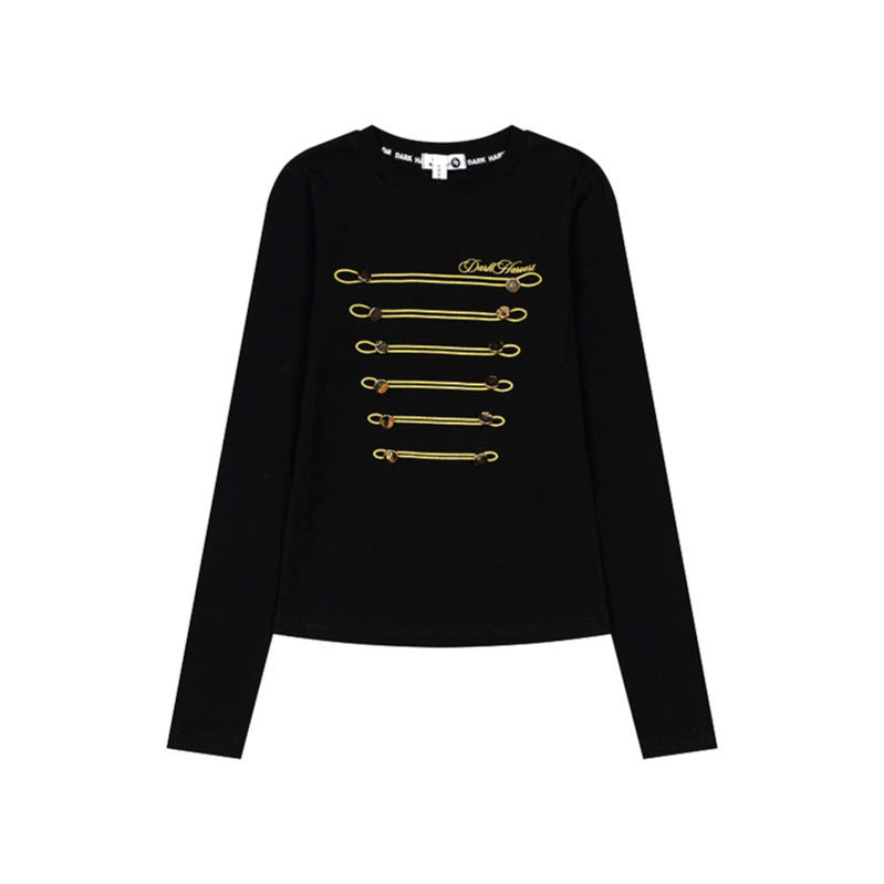 Women's Long Sleeve Shirt with Decorative Cord and Button Application Chichicherry